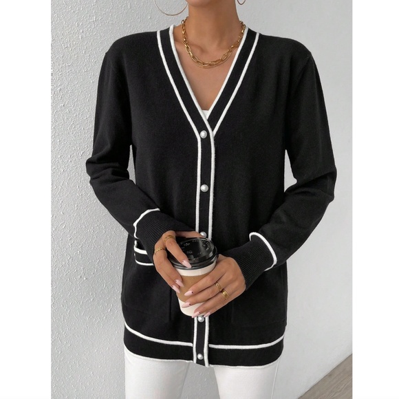 Black Cardigan Button Front White Contrast Trim Long Sleeve, with Pockets - Picture 4 of 7